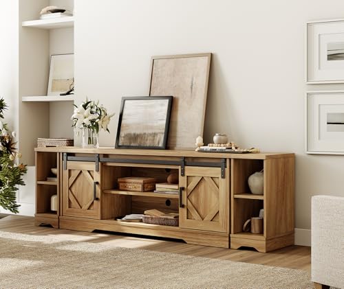 Image of WAMPAT Farmhouse TV Stand for 85-95 inch TV with Distressed Wood Finish