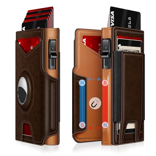 Airtag Wallet for Men, Minimalist Slim Mens Wallet Smart Pop Up Credit Card Holder for 9-13 Cards, RFID Blocking Wallet with ID Window & Cash Slot, Compact Bifold Metal Aluminum Card Case