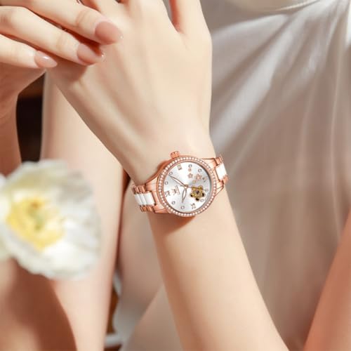 Image of OLEVS Womens Watches Automatic Luxury Dress Ladies Watch Ceramic Strap Rose Gold Self Winding Female Wrist Watch