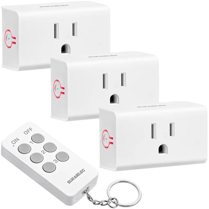 SURAIELEC Remote Control Outlet, Wireless Light Switch - 3 Outlets + 1 Remote, 15 AMP, 100FT Range, No Interference, Remote Light Switch Kit for Lamp,