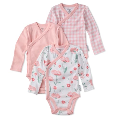 Butterblu Sterling 3-Pack Kimono Bodysuits 100% Organic Cotton Side Snap for Baby Boys & Girls Floral Fields Check Newborn