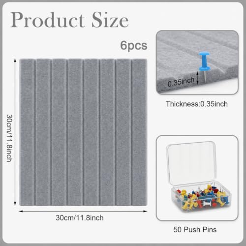 Image of QUIET CANVAS Acoustic Wall Slat Pinboard, 1x1ft, Pack 6, 50 PushPins Grey