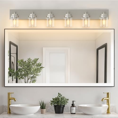 Image of IZORRO Bathroom Vanity Light Fixture, 6-Light 46 Inch Brushed Nickel Bathroom Light Fixtures Over Mirror, with Clear Glass Shade, Modern Farmhouse Vanity Lights, Rustic Restroom Lighting Fixtures