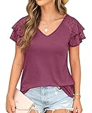 FREEOAK Summer Tops Double Lace Sleeve Shirts for Women V Neck Loose Casual Tee Tunics Purple Red S