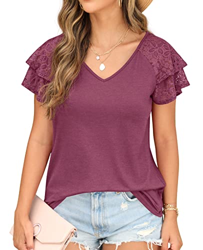 FREEOAK Summer Tops Double Lace Sleeve Shirts for Women V Neck Loose Casual Tee Tunics Purple Red S