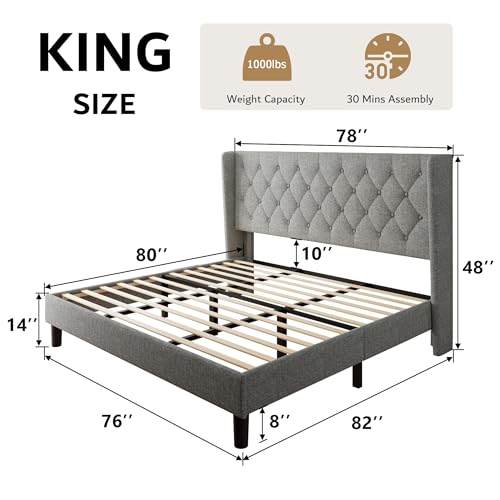 Igormis King Size Platform Bed Frame with Button Tufted Headboard, Solid Wooden Slats, Light Gray