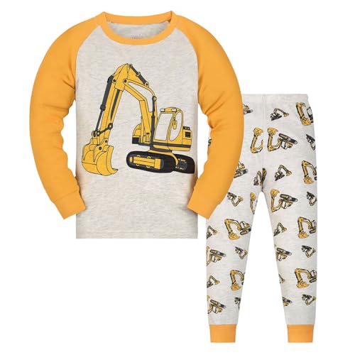 Schlafanzug Lang Baby Jungen 1 Jahre Bagger Nachtwäsche Kinder Langarm Zweiteiler Hausanzug Grau Hose Und Top 2 Teiliges Pyjama Set Winter Loungewear...
