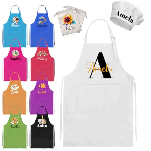 AuraWeave Delantal personalizado para niños, Set de Delantal y Gorro de Cocina con Nombre/Logo, Ideal para Cocina, Repostería, Pintura, Delantales con Bolsillos Prácticos, Regalo para Niños y Niñas