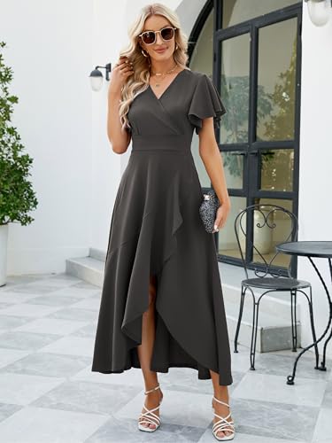 Image of Long Black Formal Dresses for Women Gowns Evening Party Cocktail Dress,Split Elegant V Neck Wrap Ruffle Wedding Guest Dresses