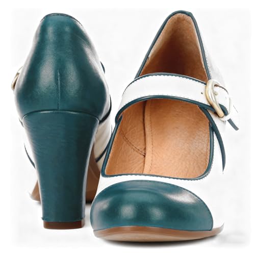 Image of SHODENSE Women Vintage Chunky High Heel Mary Jane Shoes Round Closed Toe Ankle Strap Dress Sandals 3 inch Block Heels Mary Jane Lolita Pumps Two-Toned Patchwork Buckle Office Lady Wedding Retro 4-11 M US