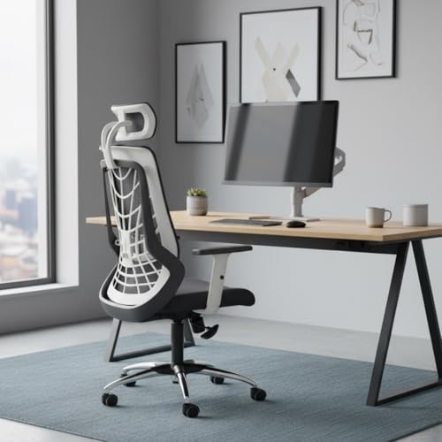 Image of activa Cyber Ergonomic High Back Office Chair | Mesh Computer Chair with Adjustable Headrest | Lumbar Support | Armrest & Swivel Wheels | Comfortable Chair for Home /Office /Study /Gaming (White Grey)