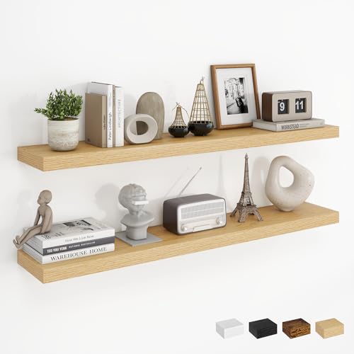 Dreamland 40Inch Floating Shelves for Wall Rustic Wooden Storage Shelf for Living Room Kitchen Farmhouse Wall Mounted Display Shelving with Invisible Heavy-Duty Metal Bracket Set of 2 - Oak