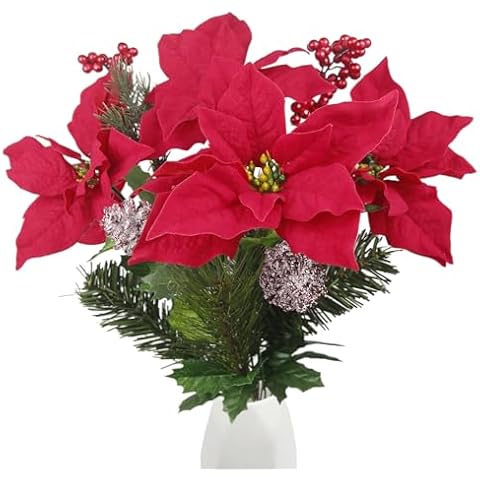 FAICOIA Christmas Artificial Flowers Poinsettia Bouquet with Red Berry Stems Pine Cones Artificial Pine Branches Silk Christmas Flower Arrangements for Wedding Table Centerpieces Home Party Xmas Decor Cover