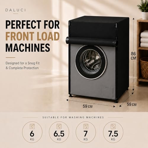Image of DALUCI Washing Machine Cover Front Load for 6 Kg, 6.5 Kg, 7 Kg & 7.5 Kg Fully Automatic Machines | Waterproof Dustproof Polyester Protective Cover with Zipper (Black, 59X59X86 CM)