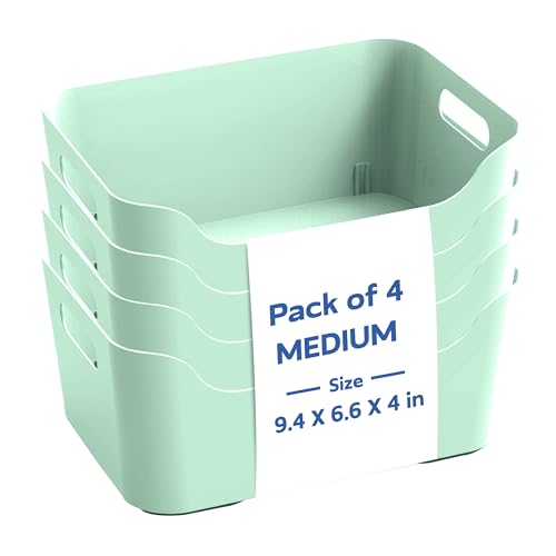 Image of KOLORR Jolly Plastic Medium Baskets with Handle for Storage Box| Multipurpose Light Weight Plastic Baskets organiser for Make-up Stationary Cosmetics Kitchen Livingroom Bathroom | Pack of 4 - Mint