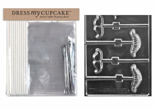 Dress My Cupcake DMCKITD112 Chocolate Candy Lollipop Packaging Kit with Mold, Vintage Mustache Assortment Lollipop