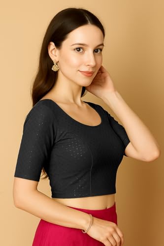 Women's Round Neck Cotton Dobby Lycra Elbow Sleeve Readymade Saree Blouse2