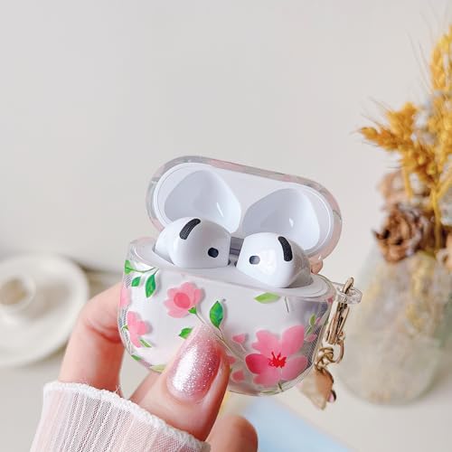 Image of MINSCOSE for AirPods 4 Clear Case,Cute Flower Plant Leaves Pattern Design with Trendy Floral Keychain,Soft TPU Protective Shockproof Case for Girls Women for Airpods 4-Pink