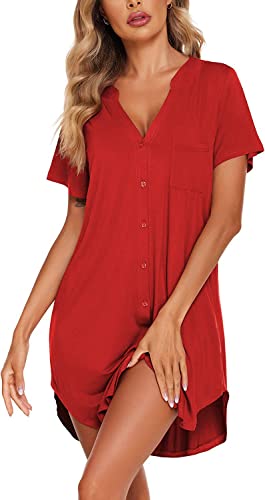 Rayson - Rayson Chemise de Nuit Femme Nuisette Col V Manches Manches Courtes Bouton vers Bas Robe Nuit Ouvert Devant Soirée Lâche Couleur Solide Chemise de Nuit Longue(Rose,XL)