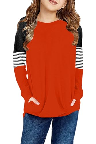 Image of SELINK Girls Big Kids Long Sleeve Striped Color Block Pocket Tees | Casual Loose Fit With Side Pockets,Soft Stretch Polyester Blend For Big Girls Daily&Back To School Wear