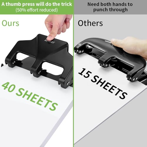Image of AFMAT 3 Hole Punch Heavy Duty, 40-Sheet Three Hole Punch, 50% Reduced Effort, 3 Hole Puncher for Binder w /Large Chip Tray, 9 /32 inch Holes Diameter, Metal Paper Puncher for Home /Office /School, HP14