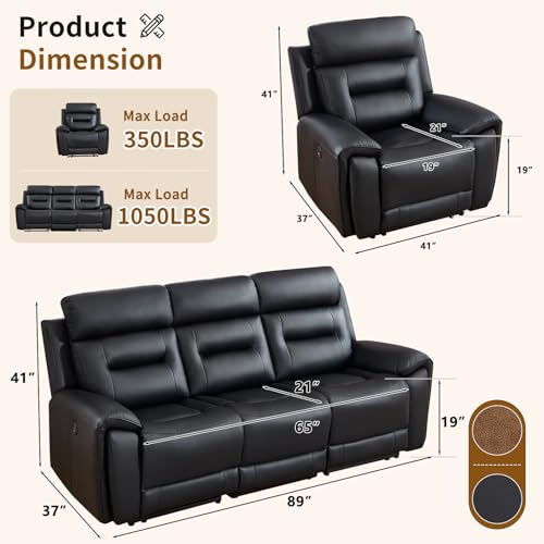 Image of ANJ 2-Piece Oversied Faux Leather Power Recliner Sofa Set with Charging Ports, Include Single Recliner Chair and Electric 3-Seater Reclining Couches for Living Room, Black