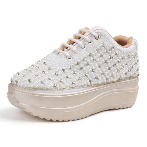 Vendoz Women Hand Embroidery Wedding Party Bridal Floral High Heel Sneakers I Cushioned Insole I Comfortable Wear Wedge Shoes I for Ladies and Girls White