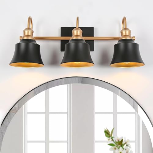 Image of KSANA Bathroom Light Fixtures, 3 Light Vanity Lighting Fixtures Over Mirror, Modern Farmhouse Vanity Lights for Bathroom, Bedroom, Matte Black and Dark Gold Finish