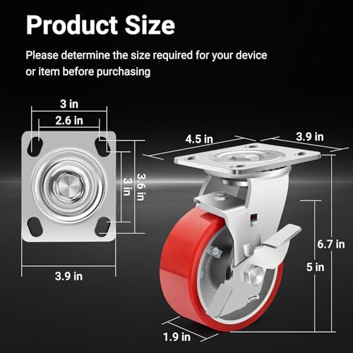 Image of Nefish 5 Inch Industrial Grade Casters Wheels, Heavy Duty Aluminum Core PU Castor Set of 4, Durable Plate Swivel Casters with Brake 4000 LBS, Anti-Corrosion Wheels for Industrial, Equipment