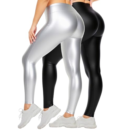 ANYOCEAN 2-Pack Women Plus Size High-Waisted Slimming Athletic Leggings Elastic Faux Leather Tights With Tummy Control & Butt Lift Soft Oversize Workout Yoga Pants For Gym (25A059 2P Black Silver 3XL)