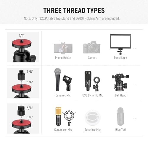 Image of NEEWER Desk Stand with 2 Telescopic Boom Arms Phone Holder for Mic Camera Webcam Ring Light, Desktop Overhead Microphone Mount with C Clamp, Ball Heads, Screw Adapter, Cleaning Cloth, TL253A+DS001