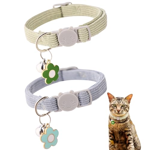 2 Pack Cat Collar with Bells, Corduroy Adjustable Kitten Collars ...
