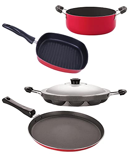 Image of Nirlon Non-Stick Cookware Kitchen Aluminium Cooking Essential Combo Set of 4 Pieces (FT10 AP12 GP22.5 CS24)
