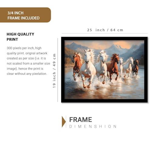 Image of HOTHOUSE Seven Running Vastu Lucky Horse and Rising Sun Painting | 7 Horses Vastu Frame Wall Art Painting for Living Room Bedroom Office Home Decor Wall Decor Size (19X25 inch)