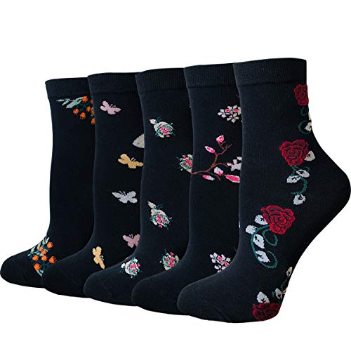 DXYAKY 5 Pairs Womens Vintage Floral Cotton Socks Novelty Patterned Dress Socks Ladies Embroidered Casual Crew Ankle Socks