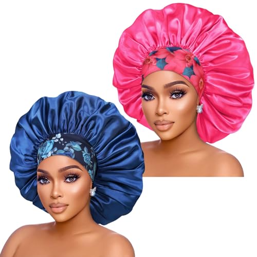 Isshin Beauty Silk Satin Bonnet Hair Cap: 2pcs 17inch Diameter Extra Large Jumbo Sleeping Satin Bonnets with Comfortable Flower Band - High Density Satin Bonnets for Women Braids Curly Night Cap（Black & Coffee）