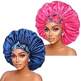 Silk Satin Bonnet Hair Cap: 2pcs 17inch Diameter Extra Large Jumbo Sleeping Satin Bonnets (Blue & HotPink)