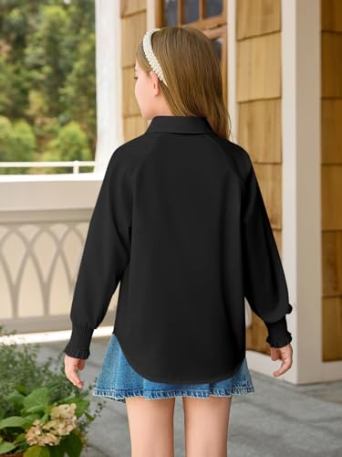 Haloumoning Girls Button Down Shirts Long Smocked Puff Sleeve Oversized Blouse Tops 5-14 Years2