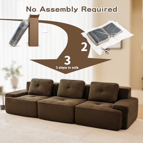 Image of 117 inch Oversized 3 Seater Modular Boneless Couch, Durable Corduroy Fabric, Deep Seat Cloud sectional Sofa with Buckle Connection and Tufted Detail, No Assembly, Anti Slip, Brown