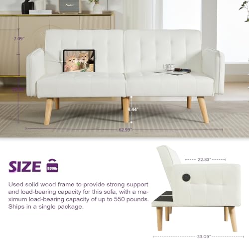 Image of TYBOATLE Modern White Faux Leather Upholstered Convertible USB Folding Futon Sofa Bed, 65 inch Couch, Love Seats Furniture for Small Space Configuration, Apartment, Dorm, Living Room, Office