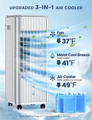 Image of 3-IN-1 Windowless Air Conditioner w /Double Tanks, Smart Timer, 3 Ice Packs, 60W Evaporative Air Cooler, 70 Oscillation, 3-Speed 25-INCH Swamp Cooler Air Conditioner Portable for Room, Gray