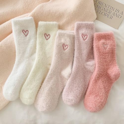 5 Pairs Women's Fuzzy Socks Heart Patterned,Thick Coral Fleece,Warm Cozy Socks for Home Sleep,Autumn Winter Use, 5 Pairs, One size