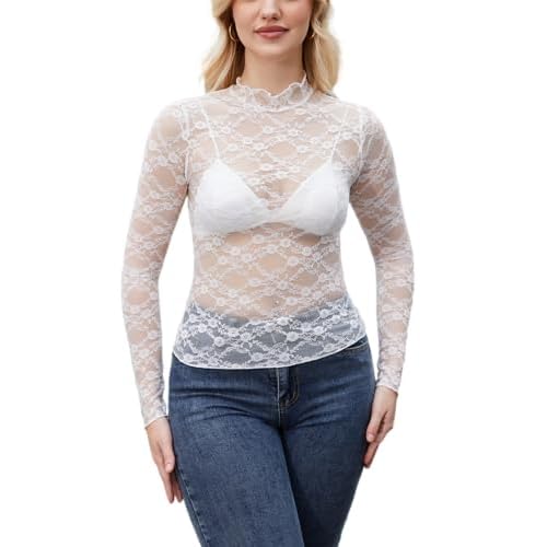 PAODIKUAI Women's Lace Layering Tops Long Sleeve Mesh Top Sheer Blouse Floral See Through Shirt Mock Neck Sexy Top Small White