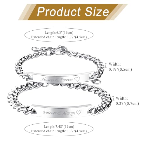 Cupimatch 2pcs CZ His and Hers Couple Bracelets Set, Adjustable Titanium Stainless Steel Always & Forever Forever & Always Love Matching Bracelet Link Jewelry Set3