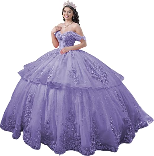 Lace Appliques Quinceanera Dresses Ruffled Ball Gown with Train Puffy Sweet 15 16 Dresses YU023
