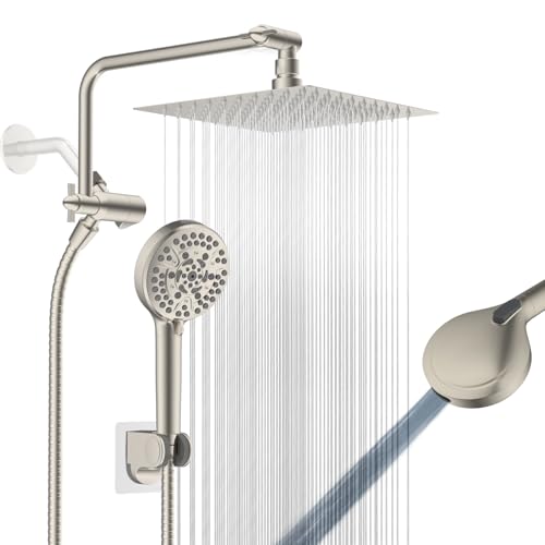 Image of 8 inch Metal Rainfall Shower Head with 10-Mode Handheld, Brushed Nickel