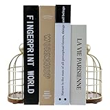 MyGift Vintage Brass Tone Metal Birdcage Decorative Bookends with Premium Acacia Solid Wood Base, L-Shaped Book Ends for Office Desk Home Shelf Decor, 1 Pair