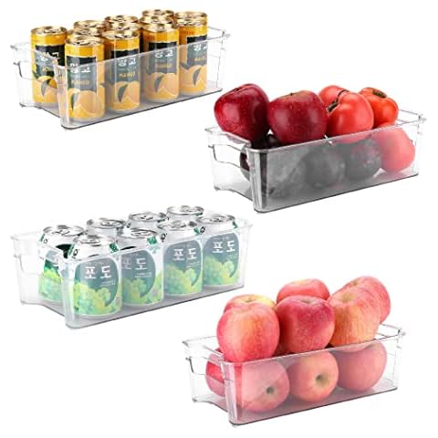 4 Pack Puricon Fridge Organiser Set Storage Box Tray, Clear Plastic Stackable Bins, Freezer Space Saver, Refrigerator Tidy Container, for Pantry Kitchen Cupboard Cabinet Storage -Large Cover