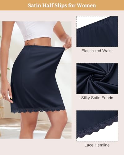 Vlazom Women's Satin Half Slip - High Waisted Silky Underskirt with Lace Trim,Anti-Static Slip Skirt for Dresses S-3XL3