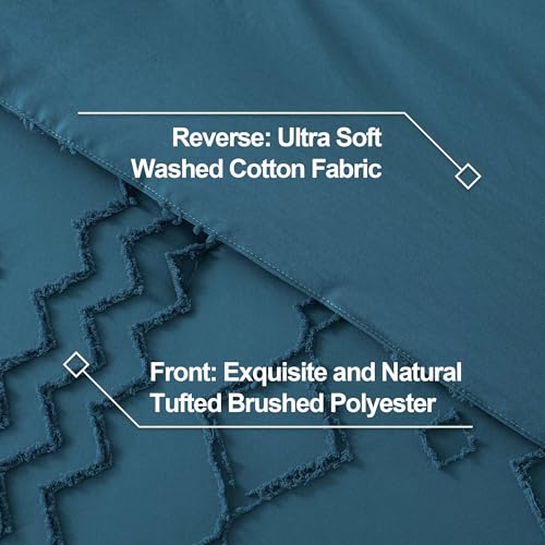 Image of Andency Teal Tufted Comforter Set King(104x90Inch), 3 Pieces(1 Boho Comforter, 2 Pillowcases) Textured Farmhouse Bed Set, Soft Down Alternative Geometric Bedding